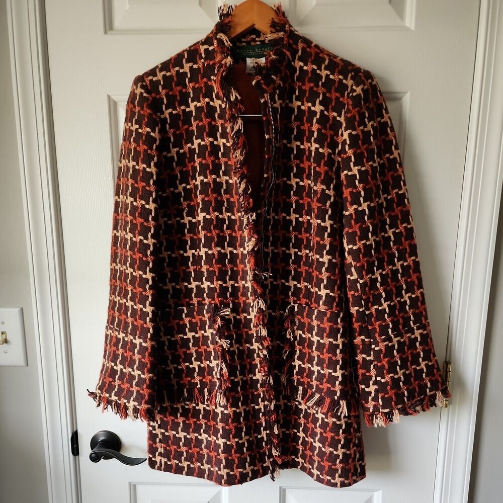Vintage Harve Bernard Brown Wool Tweed Blazer Zip Up Jacket Womens Size 4 Tall